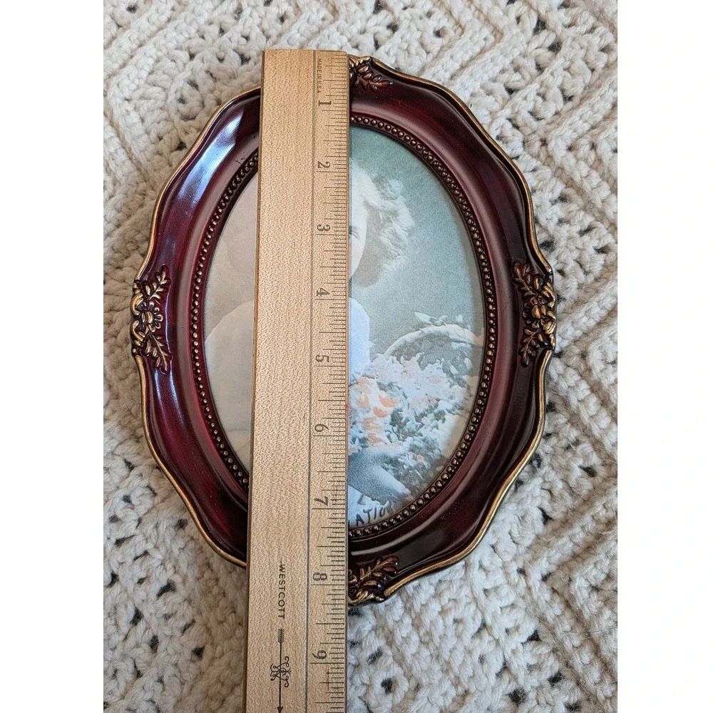 Vintage Plastic Oval Burgundy Gold Floral Picture Frame Victorian Scalloped Edge